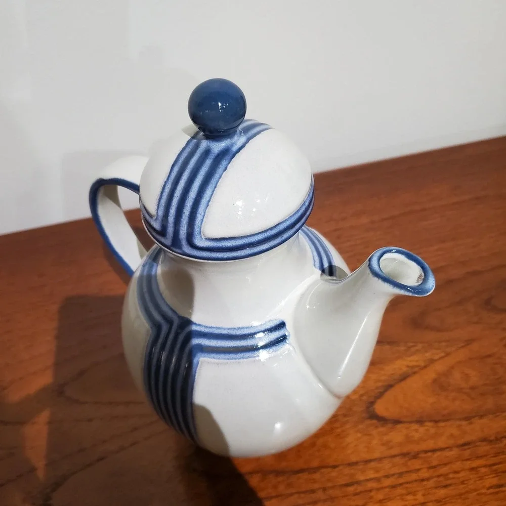 German Steingutzes‎ Gutezeichen Ceramic Coffee Pot Blue and White Mid Century